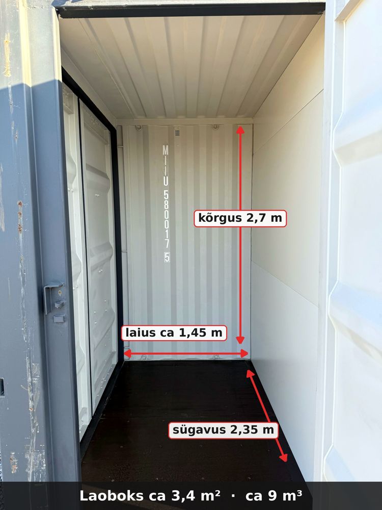 Laoboks seest koos mõõtudega: laius ca 1,45 m, sügavus 2,35 m, kõrgus 2,7 m